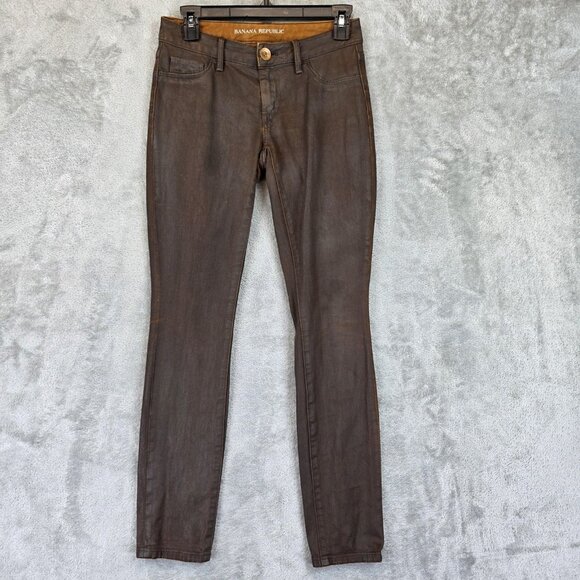 Banana Republic Jeans Womens Petite 24 Brown Skinny Coated Denim Stretch Zip Fly - Picture 1 of 12